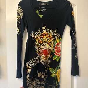 Ed Hardy Black Dress with Tiger and Floral Graphics